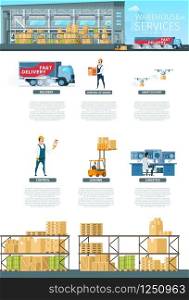 Warehouse Service Operation Infographic Banner. Modern Storage Express Delivery. Parcel Packing and Distribution Process. Picture of Factory Element. Flat Cartoon Vector Illustration. Warehouse Service Operation Infographic Banner
