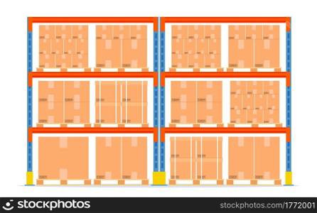 Warehouse shelves with boxes. Storage equipment icon isolated on white. Goods and container package. Vector illustration in flat style. Warehouse shelves with boxes. Storage equipment icon.