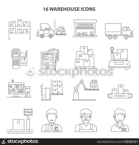 Warehouse shipment and delivery icons outline set isolated vector illustration. Warehouse Icons Outline