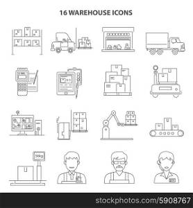 Warehouse shipment and delivery icons outline set isolated vector illustration. Warehouse Icons Outline