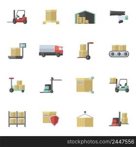 Warehouse shipping and logistics freight transportation icons flat set isolated vector illustration. Warehouse Icons Flat Set