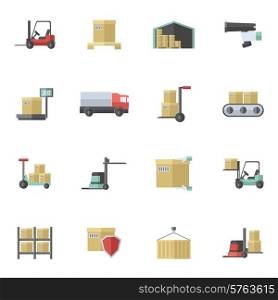 Warehouse shipping and logistics freight transportation icons flat set isolated vector illustration. Warehouse Icons Flat Set