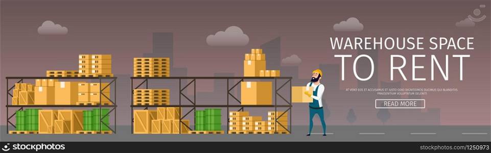 Warehouse Space Renting. Goods and Freight on Shelf. Picture of Storage with Wooden and Carton Box, Cardboard Package and Green Barrel on Pallet or Tray. Flat Cartoon Vector Illustration. Warehouse Renting. Goods and Freight on Shelf
