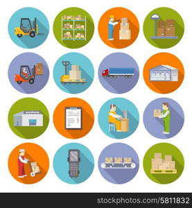 Warehouse stock and industrial storage icons flat set isolated vector illustration. Warehouse Icons Flat Set