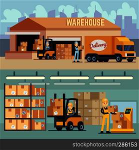Warehouse storage and shipping logistics vector concept. Storage and transportation cargo, delivery and shipping illustration. Warehouse storage and shipping logistics vector concept