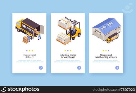 Warehouse storage pick pack delivery services equipment transportation vehicles 3 vertical isometric banners set isolated vector illustration