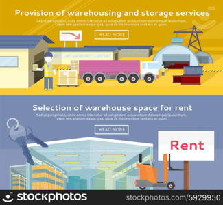 Warehouse storage service product. Warehousing and rent space, service storage, transportation and logistic, delivery container, distribution package illustration