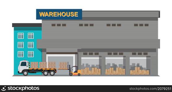 Warehouse storage with boxes and forklift.Industrial factory commercial storage.Vehicle cargo delivery logistics, vector illustration.