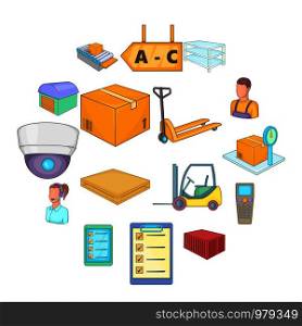 Warehouse store icons set. Cartoon illustration of 16 warehouse store vector icons for web. Warehouse store icons set, cartoon style