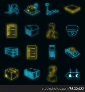 Warehouse store icons set. Illustration of 16 warehouse store vector icons neon color on black. Warehouse store icons set vector neon