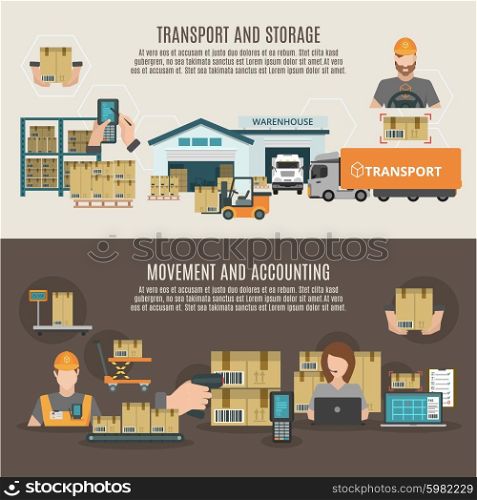 Warehouse storeroom flat banners composition poster . Warehouse storeroom goods transportation storage moving and accounting two flat banners composition poster abstract isolated vector illustration
