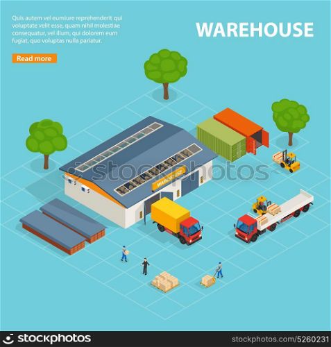 Warehouse Top View Isometric Design Composition. Warehouse top view isometric design concept with storage buildings cargo transport loaders and workers vector illustration