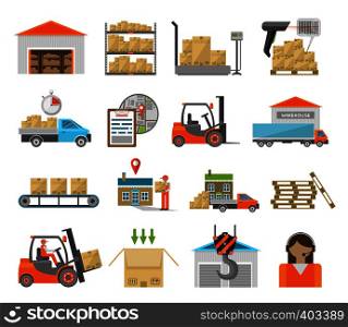 Warehouse transportation and delivery icons flat set isolated on white background. Warehouse transportation set