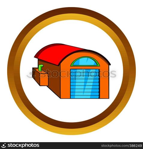 Warehouse vector icon in golden circle, cartoon style isolated on white background. Warehouse vector icon