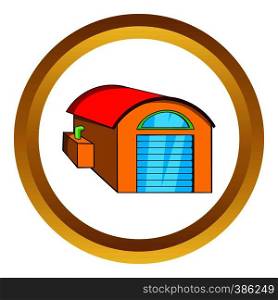 Warehouse vector icon in golden circle, cartoon style isolated on white background. Warehouse vector icon