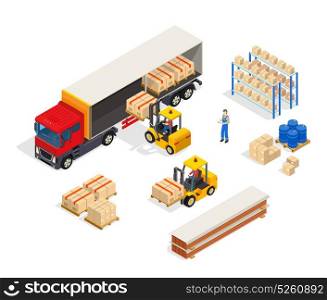 Warehouse Vehicular Loading Composition. Warehouse truck isometric composition with manipulator carts loading boxes into lorry with freight handler human characters vector illustration