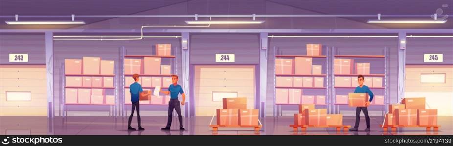 Warehouse with workers, cardboard boxes on shelves and pallets. Vector cartoon illustration of storage room interior with goods on metal racks, closed gates with rolling shutter and storehouse staff. Warehouse with workers, cardboard boxes on shelves