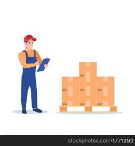 Warehouse worker checking goods on pallet stock. Warehouse inventory and delivery workers. Man operator maintains holding clipboard. Vector illustration in flat style. Warehouse worker checking goods on pallet stock.