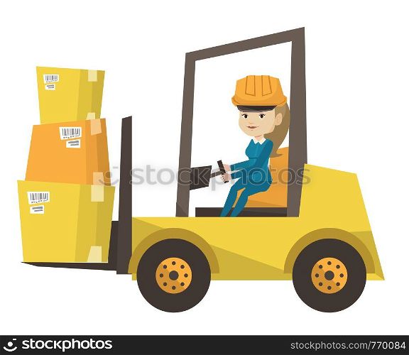 Warehouse worker loading cardboard boxes. Forklift driver at work in storehouse. Warehouse worker in helmet driving forklift at warehouse. Vector flat design illustration isolated on white background.. Warehouse worker moving load by forklift truck.