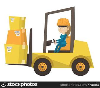 Warehouse worker loading cardboard boxes. Forklift driver at work in storehouse. Warehouse worker in helmet driving forklift at warehouse. Vector flat design illustration isolated on white background.. Warehouse worker moving load by forklift truck.