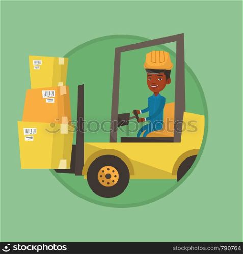 Warehouse worker loading cardboard boxes. Forklift driver at work in storehouse. Warehouse worker driving forklift at warehouse. Vector flat design illustration in the circle isolated on background.. Warehouse worker moving load by forklift truck.
