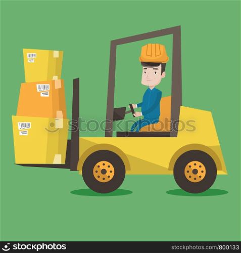 Warehouse worker loading cardboard boxes. Forklift driver at work in storehouse. Warehouse worker in hard hat driving forklift at warehouse. Vector flat design illustration. Square layout.. Warehouse worker moving load by forklift truck.