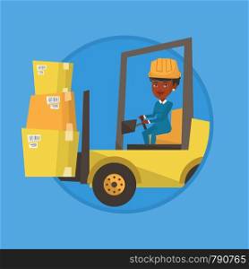 Warehouse worker loading cardboard boxes. Forklift driver at work in warehouse. Warehouse worker in hard hat driving forklift. Vector flat design illustration in the circle isolated on background.. Warehouse worker moving load by forklift truck.