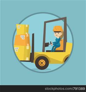 Warehouse worker loading cardboard boxes. Forklift driver at work in warehouse. Warehouse worker in hard hat driving forklift. Vector flat design illustration in the circle isolated on background.. Warehouse worker moving load by forklift truck.