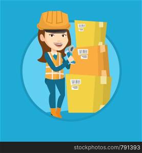 Warehouse worker scanning barcode on box. Warehouse worker checking barcode of box with a scanner. Warehouse worker with scanner. Vector flat design illustration in the circle isolated on background.. Warehouse worker scanning barcode on box.