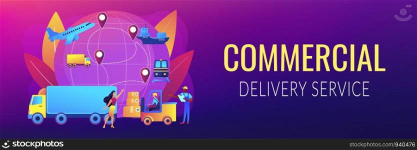 Warehouse worker transporting goods. Freight shipping types. Business logistics, smart logistics technologies, commercial delivery service concept. Header or footer banner template with copy space.. Business logistics concept banner header.