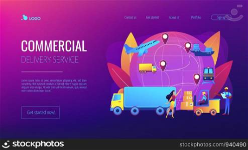 Warehouse worker transporting goods. Freight shipping types. Business logistics, smart logistics technologies, commercial delivery service concept. Website homepage landing web page template.. Business logistics concept landing page.