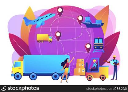 Warehouse worker transporting goods. Freight shipping types. Business logistics, smart logistics technologies, commercial delivery service concept. Bright vibrant violet vector isolated illustration. Business logistics concept vector illustration.
