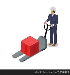 Warehouse Worker with Container on Forklift. Warehouse worker with container on electric forklift. Dock worker with trolley. Loader isolated on white. Man with hand truck. Loading and unloading cargo goods. Industrial shipping concept. Vector