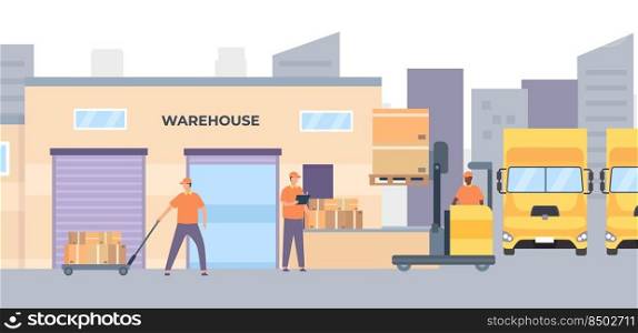 Warehouse workers and equipment. Male characters unloading parcels from pallet. Forklift moving cardboard boxes to storage. Workers moving packages, shipping service vector illustration. Warehouse workers and equipment. Male characters unloading parcels from pallet. Forklift moving cardboard boxes