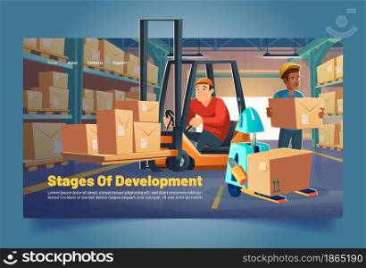 Warehouse workers and robot load boxes on racks cartoon banner. Storehouse stages of development, logistics business. Forklift loaders work in freight storage with goods on shelves, vector concept. Warehouse workers and robot load boxes on racks