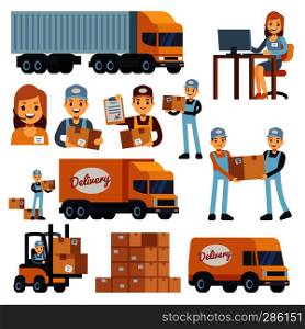 Warehouse workers cartoon vector characters - loader, delivery man, courier and operator. Warehouse delivery business illustration. Warehouse workers cartoon vector characters - loader, delivery man, courier and operator