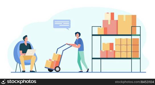 Warehouse workers using laptop and carrying boxes on wheelbarrow. Box, parcel, cargo flat vector illustration. Storage, shipping, logistics concept for banner, website design or landing web page