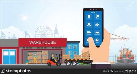 Warehousing and storage app on a smartphone with shipping icons, logistic and cargo, freight transportation and professional workers, smart factory in Flat Vector illustration.