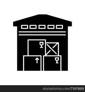 Warehousing black glyph icon. Merchandise storage, storehouse building, stockroom exterior. Industrial premises, factory floor. Silhouette symbol on white space. Vector isolated illustration