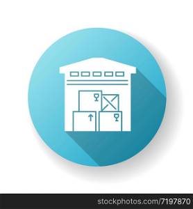 Warehousing blue flat design long shadow glyph icon. Merchandise storage, storehouse building, stockroom exterior. Industrial premises, factory floor. Silhouette RGB color illustration