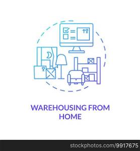 Warehousing from home concept icon. Ecommerce warehouse solutions. Managing products in own home house. Commerence idea thin line illustration. Vector isolated outline RGB color drawing. Warehousing from home concept icon