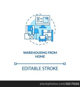 Warehousing from home concept icon. Ecommerce warehouse solutions. Managing products in own house. Commerence idea thin line illustration. Vector isolated outline RGB color drawing. Editable stroke. Warehousing from home concept icon