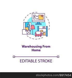 Warehousing from home concept icon. Ecommerce warehouse solutions. Storing products in own house. Business idea thin line illustration. Vector isolated outline RGB color drawing. Editable stroke. Warehousing from home concept icon