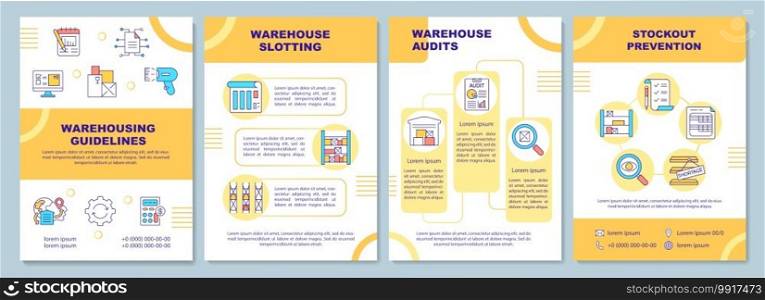 Warehousing guidelines brochure template. Stockout prevention. Flyer, booklet, leaflet print, cover design with linear icons. Vector layouts for magazines, annual reports, advertising posters. Warehousing guidelines brochure template