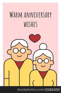 Warm anniversary wishes greeting card with color icon element. Wife and husband. Postcard vector design. Decorative flyer with creative illustration. Notecard with congratulatory message. Warm anniversary wishes greeting card with color icon element