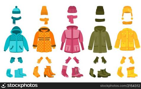 Warm cloth and accessories. Winter clothing, cartoon women seasonal garment. Coat and jacket, hat and scarf. Isolated fashion vector set. Illustration of winter warm scarf, season clothing accessory. Warm cloth and accessories. Winter clothing, cartoon women seasonal garment. Coat and jacket, hat and scarf. Isolated fashion recent vector set