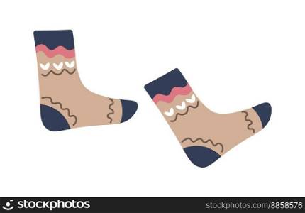 Warm clothes and accessories for winter season, isolated knitwear for cold temperatures. Clothing with hearts and abstract lines print. Handcrafted apparel and outfit addition. Vector in flat style. Winter socks, handmade knitwear for cold season