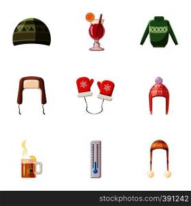 Warm clothes icons set. Cartoon illustration of 9 warm clothes vector icons for web. Warm clothes icons set, cartoon style