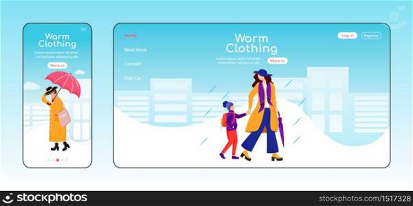 Warm clothing landing page flat color vector template. Mobile display. Mother with son go to school homepage layout. Rainy day one page website interface, cartoon character. Wet weather web banner