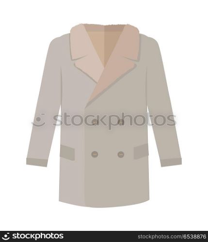 Warm coat with lapel icon. Mans everyday clothing in casual style for cold weather flat vector illustration isolated on white background. For clothing store ad, fashion concept, app button, web design. Warm Mans Coat Flat Style Vector Illustration. Warm Mans Coat Flat Style Vector Illustration